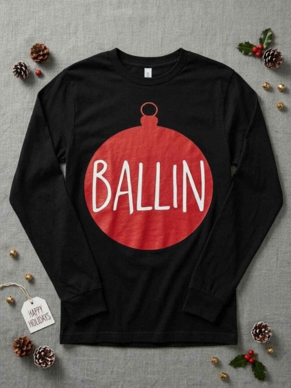 Men's Ballin’ Ugly Christmas Long Sleeve Graphic Tee Black Red Size Medium